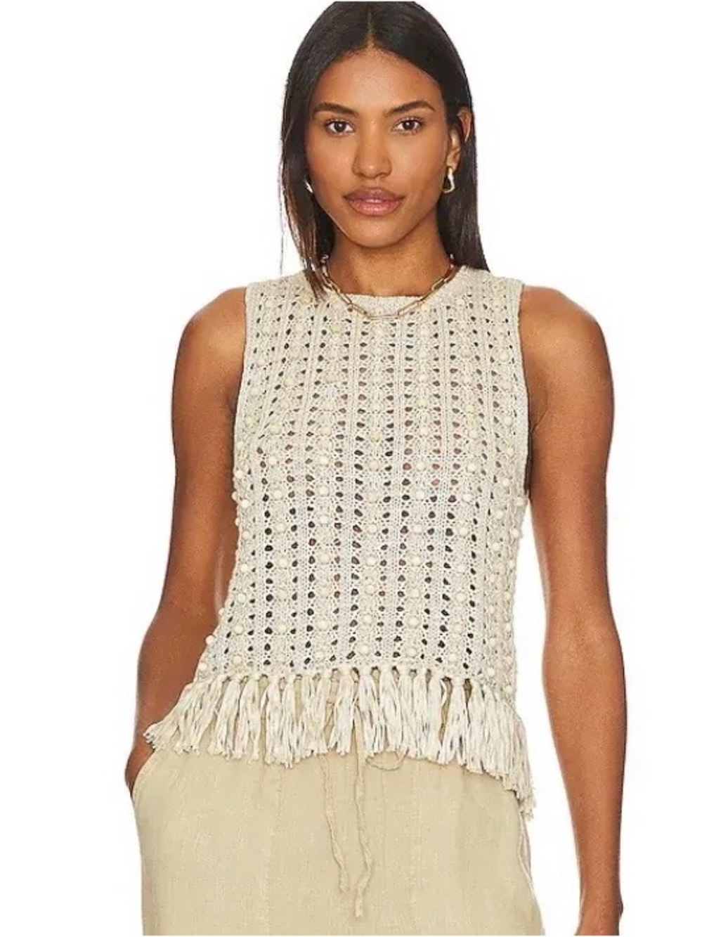 NWT House of Harlow 1960 Knit Luxury Pearl Beaded Crop Tank Top